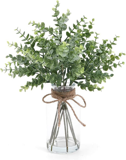 Eucalyptus Stems in Glass Vase with Faux Water, 13.7" Eucalyptus Fake Plants for Home Bathroom Office Kitchen Farmhouse Shelf Centerpiece Coffee Table Decor(Sage Green)