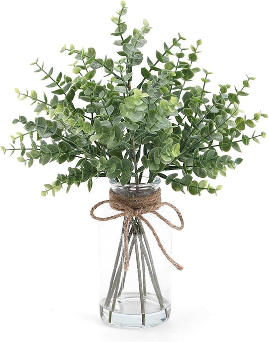 Eucalyptus Stems in Glass Vase with Faux Water, 13.7" Eucalyptus Fake Plants for Home Bathroom Office Kitchen Farmhouse Shelf Centerpiece Coffee Table Decor(Sage Green)