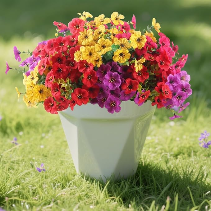 12 Bundles Artificial Flowers for Outdoor, UV Resistant Faux Mums with Eucalyptus Leaves Fake Plants for Outdoor Planters Greenery Boxwood Porch Patio Decoration