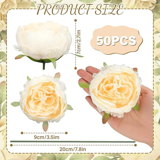 50 Pcs Artificial Peony Flower Bulk 3.5 Inch Silk Peony Flowers Heads with Stems Realistic Fake Roses for DIY Wedding Party Craft Bridal Bouquets Table Centerpieces Vase Home Decor(Champagne)