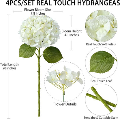 4 Pcs Real Touch White Hydrangeas Artificial Flowers 20'' Long Stem Faux Hydrangeas for Porch Party Wedding Baby Shower Home Decor Kitchen Table Centerpiece