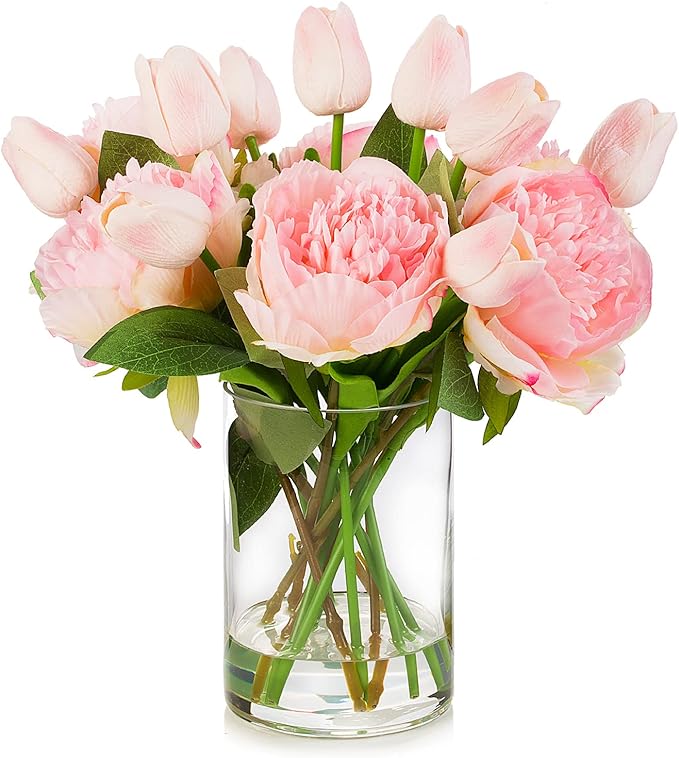 ENOVA FLORAL Artificial Flower Arrangement with Vase, Faux Flower in Vase, Mixed Artificial Real Touch Tulip and Fake Silk Peony Flower in Vase for Decoration Home Office Centerpiece (Pink)