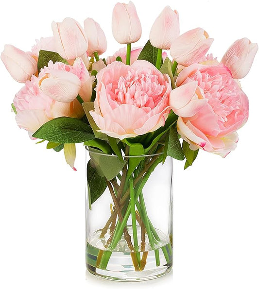ENOVA FLORAL Artificial Flower Arrangement with Vase, Faux Flower in Vase, Mixed Artificial Real Touch Tulip and Fake Silk Peony Flower in Vase for Decoration Home Office Centerpiece (Pink)