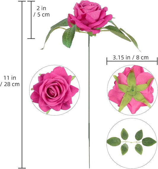 Hot Pink Roses 16pcs Velvet Artificial Roses with Stems Hot Pink Artificial Flowers 3.15" for Bridal Bouquet Wedding Flowers for Floral Centerpieces Home Party Decor (Hot Pink)