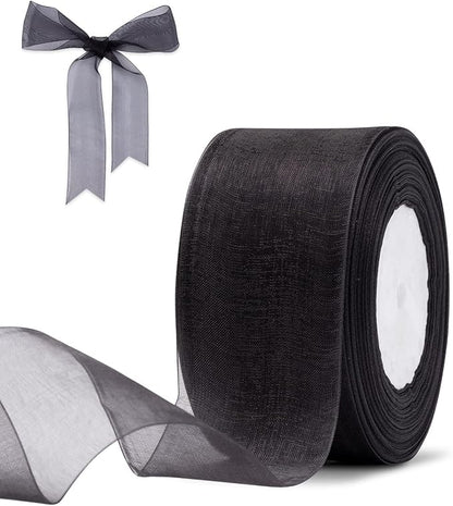 Black Organza Ribbon for Gift Wrapping, FAKILO 2 Inch Shimmer Sheer Wrapping Ribbon for Bouquet, Wedding, Christmas Gift - 50 Yards Each Roll
