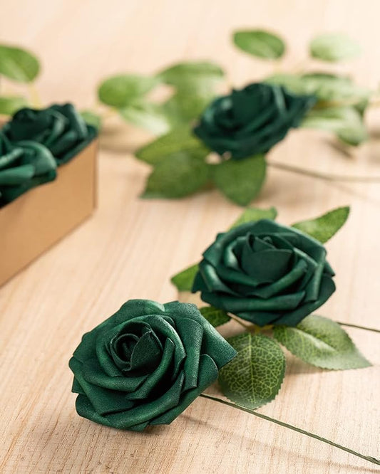 DuHouse 25Pcs Artificial Roses Flowers Fake Roses with Stems Real Touch Foam Flowers for DIY Wedding Bouquet Baby Shower Centerpiece Floral Arrangement Party Home Decor(Hunt Green)
