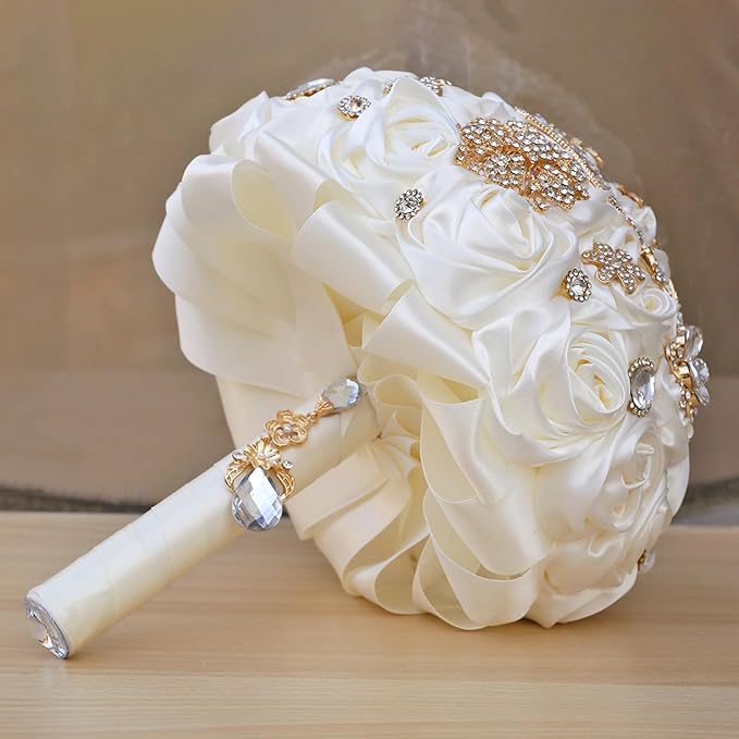 Handmade Satin Rose Floral Bling Pearl Decor Bridal Wedding Bouquet Rhinestone Pendant Artificial Brooch Flowers for Bride Bridesmaid Quinceanera