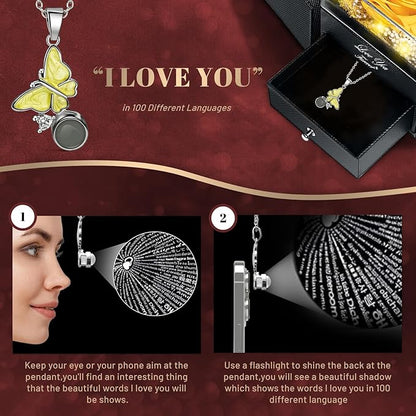 DRTINA Preserved Yellow Real Rose with I Love You Butterfly Necklace-Eternal Flowers Rose Birthday Gifts for Women Wife Mom Girlfriend Grandma on Mothers Day Valentines Anniversary Christmas Romantic