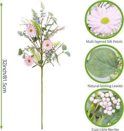 Artificial Pink Daisy Floral Stem with Eucalyptus and Greenery - 30 Inch 6 Bundles Faux Flower for Spring Summer Realistic Silk Flowers for Home Wedding Decor