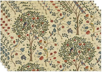 Vintage Trees Placemats Set of 4, William Morris Retro Boho Botanical Plant Birds Place Mats, Heat Resistant Non Slip Cotton Linen Dining Table Mats for Home Kitchen Party 18x12 Inch