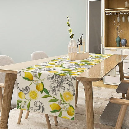 Lemon Table Runner , Summer Yellow Fruits Green Leaves Kitchen Dinning Table Decoration for Indoor Outdoor Home Party Decor 13"x36"