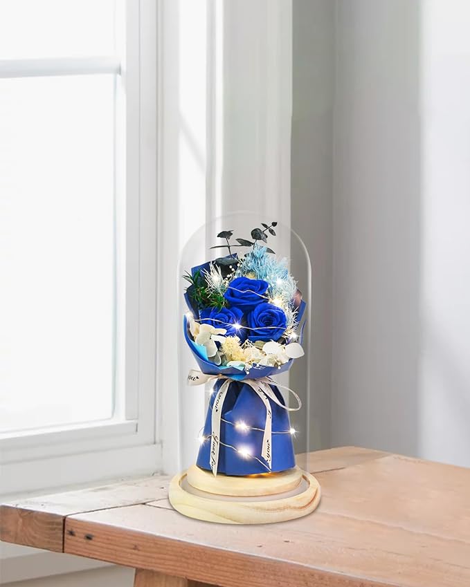 HVY Preserved Real Flowers Bouquet Gifts for Her,Forever Flowers Gift for Women,Preserved Blue Rose in Glass Dome with LED Light Ideal for Christmas,Birthday,Anniversary,Valentine's Day, Mother's Day