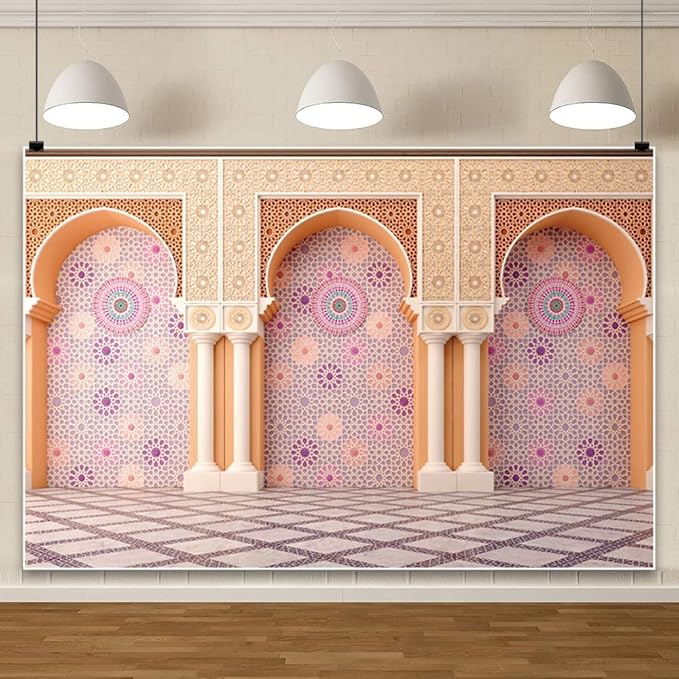 Yeele 15x8ft Bohemia Palace Backdrop Boho Style Pink Floral Wall Plaid Floor Dreamy Villa Inside Photography Background for Wedding Bridal Shower Girl Birthday Party Decor Portrait Photo Shoot Prop