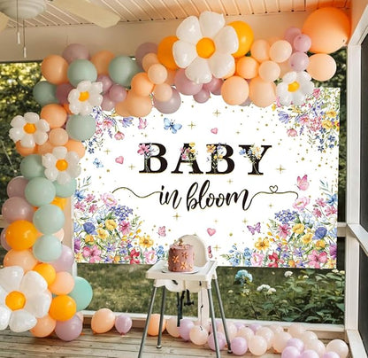 Baby in Bloom Backdrop Wildflower Baby Shower Party Photography Background Spring Floral Gold Glitter Butterfly Banner for Girls Baby Shower Newborn Birthday Party Decorations (82x59 inch (7x5FT))