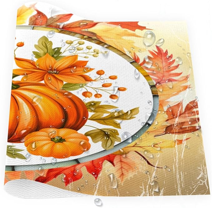 Fall Autumn Flower Pumpkin Placemats Set of 6 PVC Vinyl Non Slip Table Mats Heat Resistant Place Mats Washable Wipeable Dining Table Mat for Kitchen Decor Party Indoor Outdoor Decorative Gift