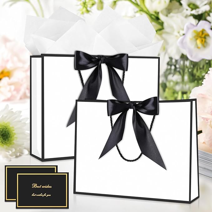 JMANNI Gift Bag, Medium Gift Bags with Tissue Paper, 2Pcs Gift Bags Medium Size with Handle and Bow Ribbon for Any Birthday, Weddings, Mothers Day & Special Occasion 11''x7.87''x4'' (Black-White)