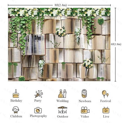 8x6ft Vintage Bookshelf Backdrop Flower Garlend Book Pages Wedding Party Photo Backdrop Baby Shower Graduation Party Photo Studio Background KUBDJ727