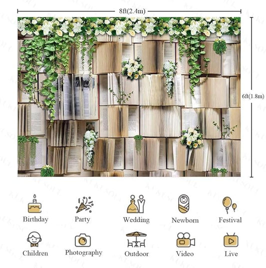 8x6ft Vintage Bookshelf Backdrop Flower Garlend Book Pages Wedding Party Photo Backdrop Baby Shower Graduation Party Photo Studio Background KUBDJ727