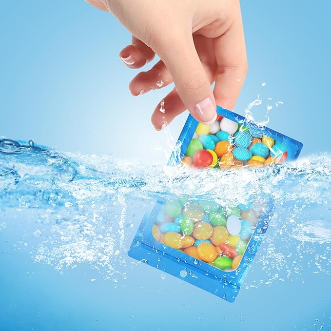 400 Pack 4 Size Bags with Clear Window,Scratch Resistant Hand Holographic Packaging Pouch,Resealable Bag for Small Bussiness Cookies Jewelry Candy Sample (Blue, 2.4×3.9,3x4.7,4×7,5.5×7.9 inch)