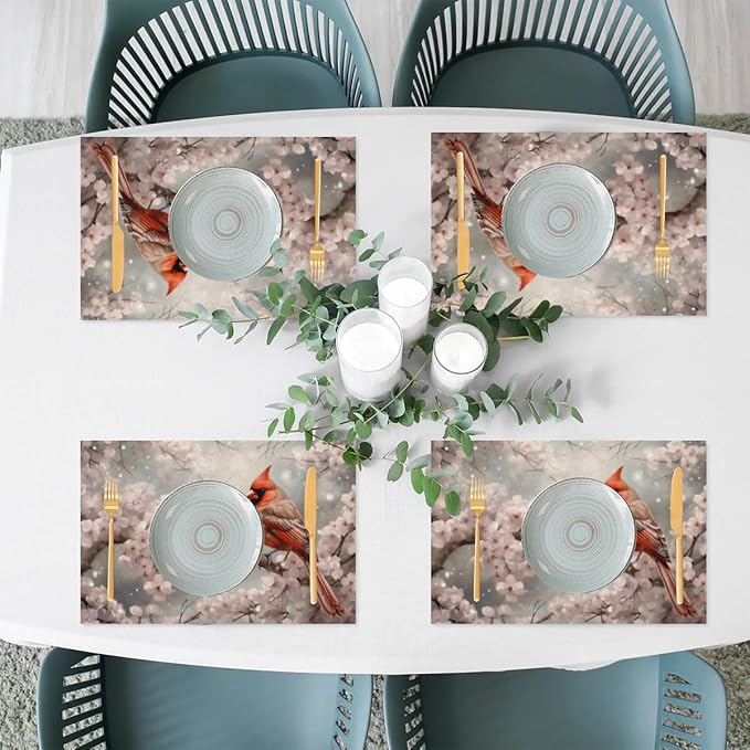PVC Placemats Set of 4 Winter Red Cardinal Flower Wipeable Table Mats Washable Heat Resistant Non Slip Vinyl Dining Table Mat for Kithen Indoor Outdoor Patio Farmhouse Place Mats Decorative
