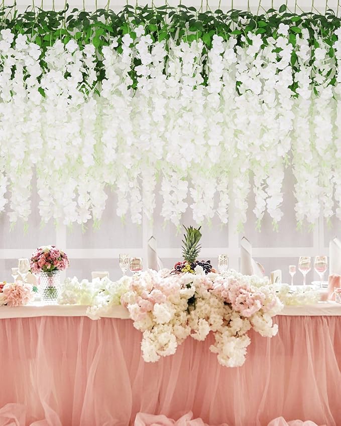 Yastouay 38 Pcs Wisteria Hanging Flowers, 3.77 Ft/Pcs Artificial Hanging Flowers, White Fake Wisteria for Wedding Party Ceremony Backdrop Home Decoration