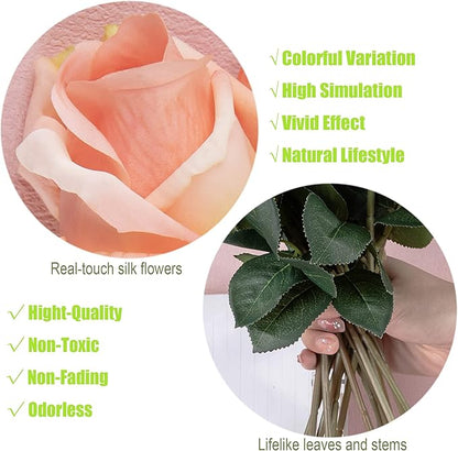 12pcs Half Opened Artificial Rose Buds,17 Inch Real Touch Silk Roses with Partially Opened Flowers, Artificial Flower for Home Décor Centerpiece Wedding Bouquet,Orange