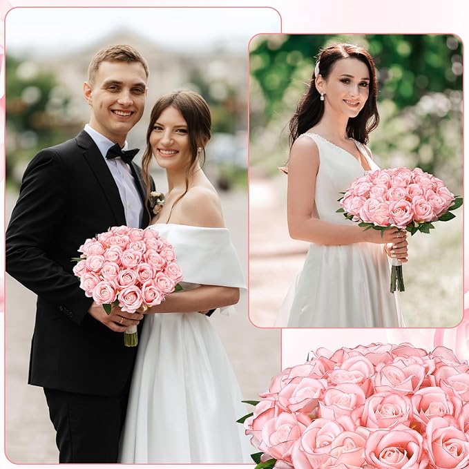 150 Pcs Roses Artificial Flowers, Silk Light Pink Artificial Flowers Petals Long Stem Roses for Wedding Bouquet Home Party Decor