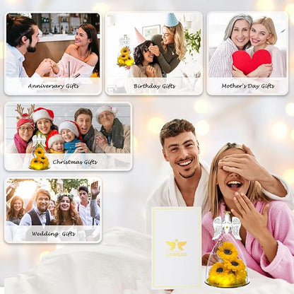 Christmas Sunflower Gifts for Women,Sunflowers Gifts for Mom Angels Figurines Sunflower Bouquet with Necklace, Light Up Sunflowers in Glass,Xmas Birthday Gifts for Her Mom Wife Girlfriend Sister
