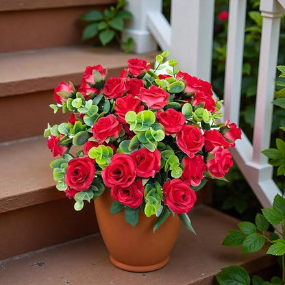 40 Heads Artificial Roses Flowers for Outdoors,4 Bunches Fake Silk Red Rose Plastic Flower UV-Resistant Faux Floral Bouquet Arrangements for Outdoor Vase Planters Garden Outside Decoration