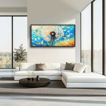 Extra Large Abstract Dandelion Framed Wall Art for Living Room,Oversized Colorful Dandelion Flower Pictures Wall Decor,Blue Canvas Print Painting Modern Artwork Bedroom Office Bathroom 60L x 30W