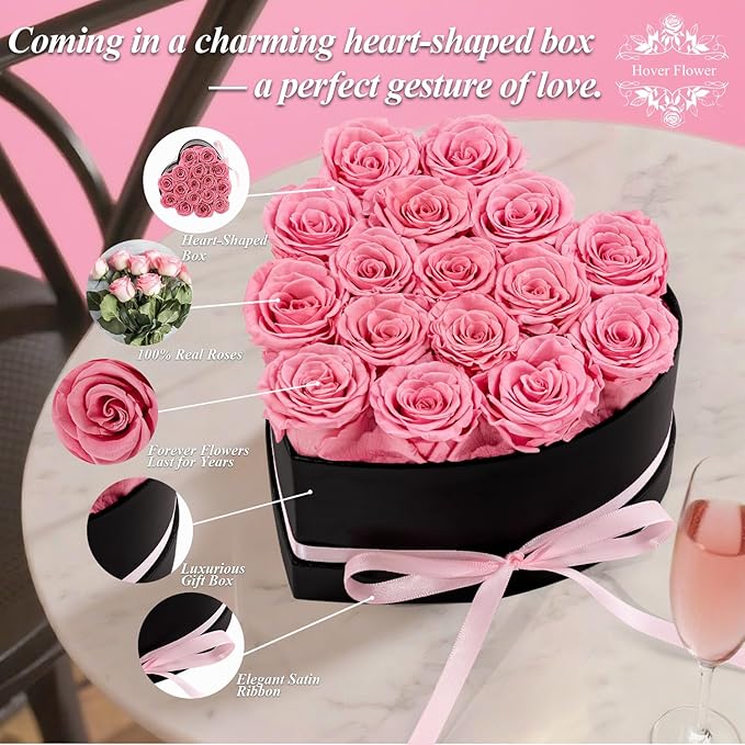 16 Forver Preserved Flowers in a Heart Box, Flowers for Her,Eternal Roses Flowers for Delivery Prime, Flowers Birthday Gifts for Women Mom Grandma Wife - Pink
