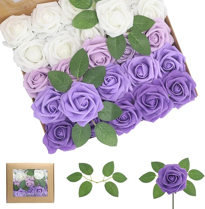 Artificial Flowers 50PCS Purple Roses Real Looking Foam Fake Roses with Leaves and for DIY Wedding Bouquets Bridal Shower Centerpieces Party Decorations (Purple Series, 50)