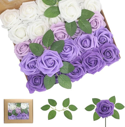 Artificial Flowers 50PCS Purple Roses Real Looking Foam Fake Roses with Leaves and for DIY Wedding Bouquets Bridal Shower Centerpieces Party Decorations (Purple Series, 50)