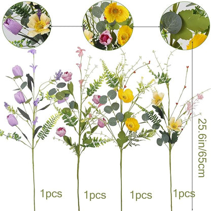 CISDUEO 4 Pcs Wildflowers Artificial Flowers Daisies Roses and Poppies Faux Wildflowers Summer Flowers Artificial for Decoration Spring Silk Floral Arrangement Wedding Party Table Centerpieces Home