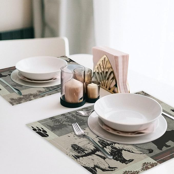 Retro Rustic Lodge Bears Placemats Set of 4, Vintage Cabin Pine Tree Farmhouse Country Style Place Mats, Heat Resistant Non Slip Cotton Linen Dining Table Mats for Home Kitchen 18x12 Inch