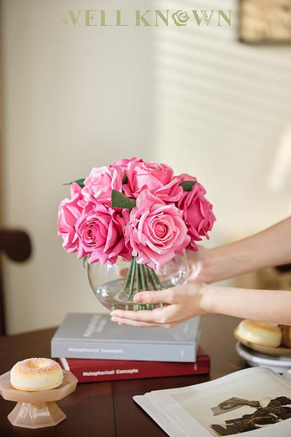 WELL KNOWN Artificial Flowers with Vase, Silk Rose Artificial Flowers Table Centerpieces with Faux Water for Home Decoration Fake Roses Flower Arrangements for Table Decor (Fuchsia)