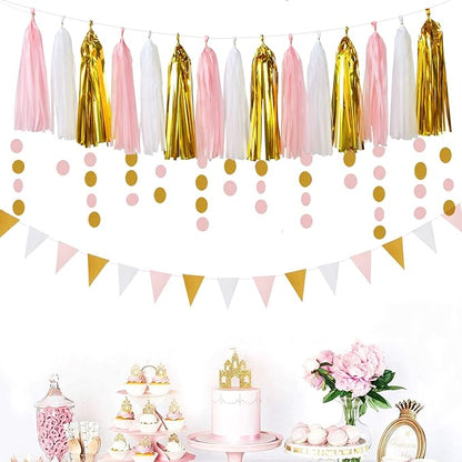 Pink-White Gold Girl Birthday Party-Decorations - 23pcs Kits Tissue Paper Pom Poms Streamers,Princess Banner Flags,Bachelorette Baby Bridal Shower Engagement Decoration Tassel Garland Lasting Surprise