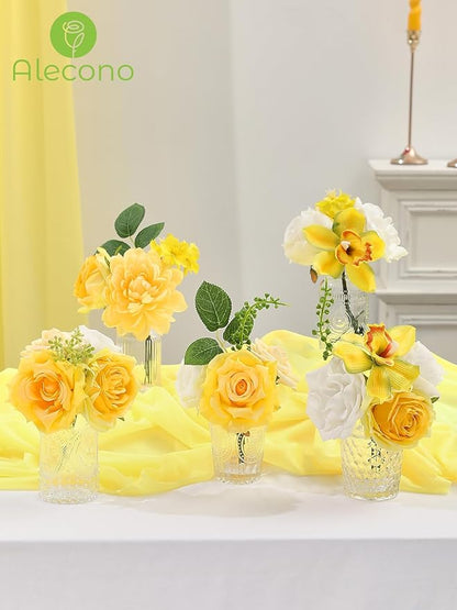 Alecono Artificial Flowers, Yellow Fake Spring Flowers Combo Box with Stems for DIY Wedding Cake, Party Table Centerpieces Home Decor
