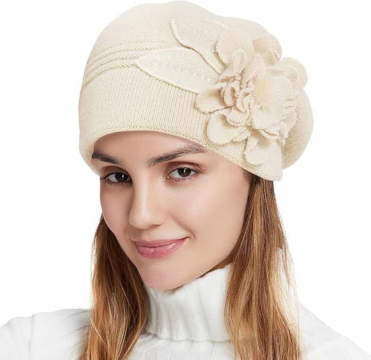 Flower Women Beret, Double Layer Thickened Winter Knitted Beanie Beret Hat, Stylish French Dress Beret Hats for Women