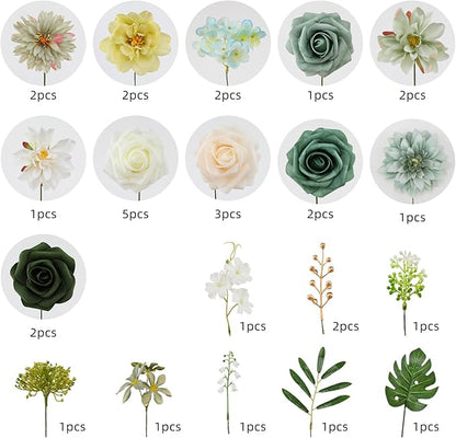Floweroyal Artificial Flowers Combo Green Flowers Mix Silk Flowers Dahlia Roses with Stems for DIY Wedding Bridal Bouquets, Baby Shower, Floral Arrangement, Table Centerpieces, Home Decorations.