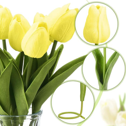 Janinka 100pcs Artificial Tulip Flowers Fake PU Tulips Faux Latex Bouquet Flower Centerpieces Arrangement Floral for Mother Day Wedding Spring Decorations (Light Yellow)