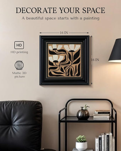 Framed 3D Textured Vintage Floral Wall Art 16x16” Abstract Flower Painting, Sandstone Finish Botanical Print, Minimalist Black White Geometric Design, Bedroom Office Gallery Decor