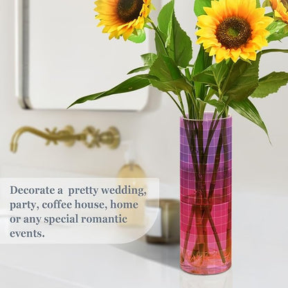 Flower Vase Clear Plastic Cylinder Vases Decor for Centerpieces Home Storage Office Weddings Grid Gradient Pink Purple 11.8 x 3.9 in