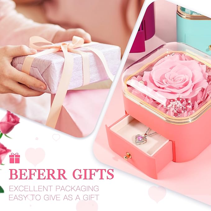 Beferr Birthday Gifts for Women Mom Preserved Real Rose with Necklace Eternal Roses Fresh Flowers for Delivery Prime anniversary Purple Gifts for Grandma Wife Daughter Sister