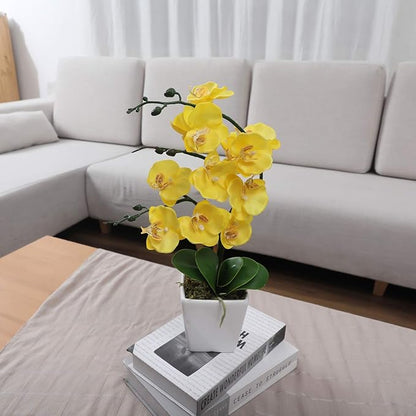 15" Tall Artificial Silk Phalaenopsis Orchid Flower Plant Pot Arrangements (Yellow)