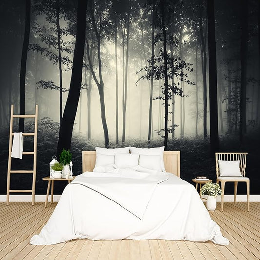 Dark Enchanted Misty Forest Wallpaper Peel and Stick Wall Mural for Bedroom Living Room - 85"x118"