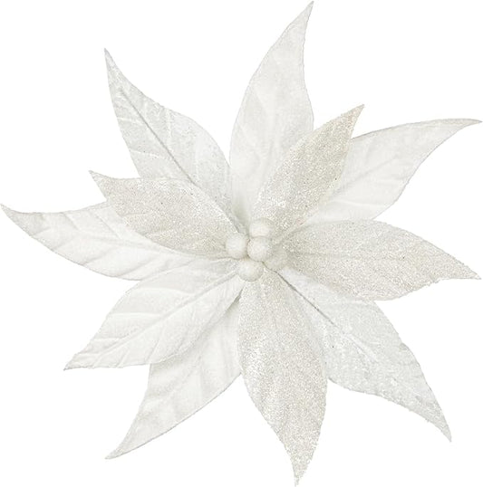 Hollyone 3PCS Poinsettia Christmas Flowers Artificial 11" Large Velvet White Glitter Poinsettia Flowers Christmas Tree Ornaments Floral Picks for Tree Wreath Garland Vase Table Centerpiece Home Decor