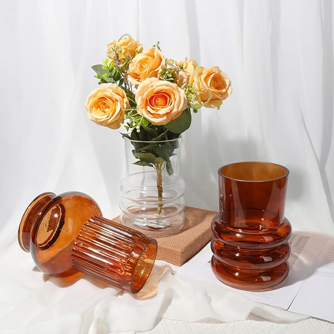 Clear Glass Flower Vase, 7" x 4.7" Thickened Hydroponic Flower Vase Transparent Modern Geometric Glass Vase for Home Living Room Wedding Centerpieces Office Table Decor
