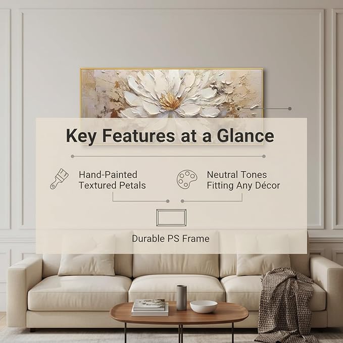 Hand-Painted Flower Canvas Oil Painting for Living Room, Large White Floral Canvas Wall Art for Bedroom,Gold Framed 3D Textured Painting for Office Kitchen Home Decoration 24x56 inches
