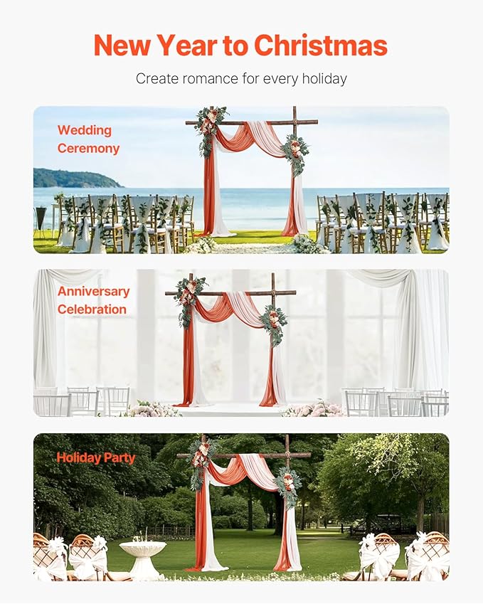 VEVOR Artificial Wedding Arch Flowers Kit, Orange Wedding Arch Flowers with Drapes Kit (Pack of 4) - 2 Pcs Floral Arrangement, 2 Pcs Sheer Drapes, for Ceremony Bouquets Reception Backdrop Decoration